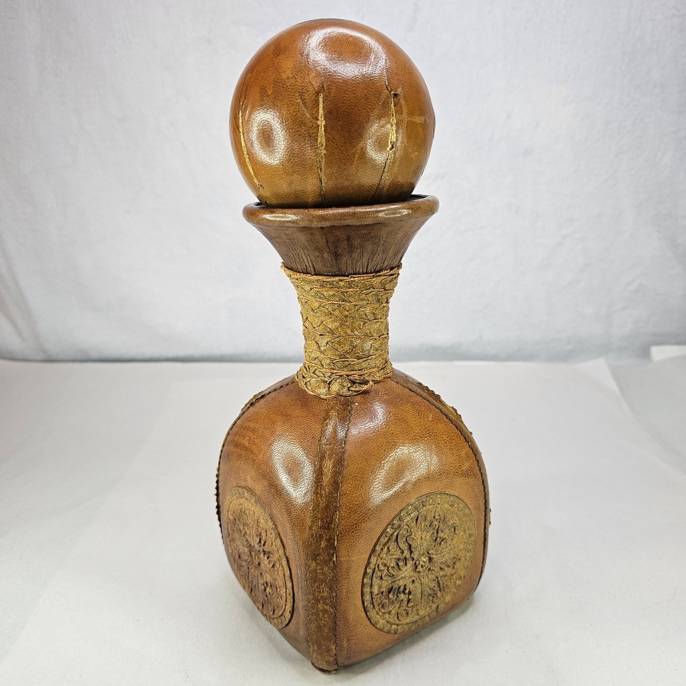 Vintage Brown Leather Decanter Bottle w/ Ball Stopper Rustic Neck Made‎ in Italy